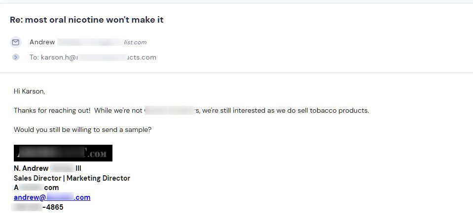 Retailer reply from Sesh Products